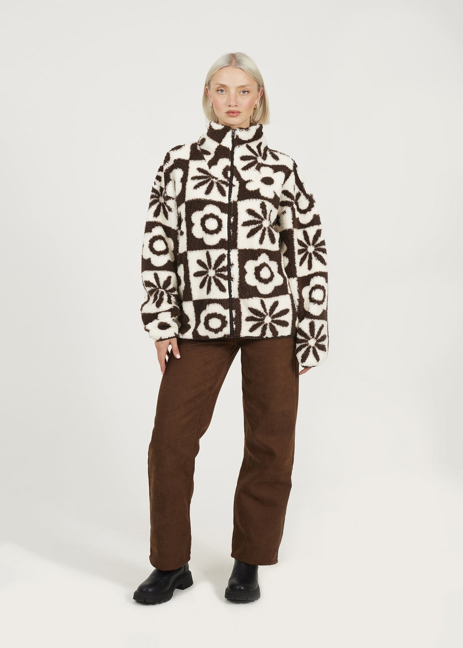 Brave Soul Chocolate Graphic Flower Print Zip Through Sherpa Fleece