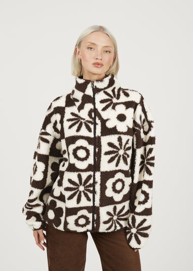 Brave Soul Chocolate Graphic Flower Print Zip Through Sherpa Fleece