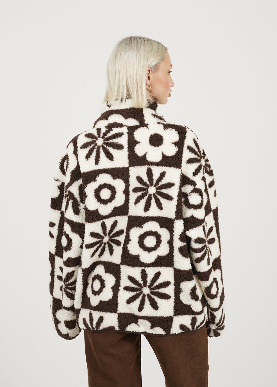 Brave Soul Chocolate Graphic Flower Print Zip Through Sherpa Fleece