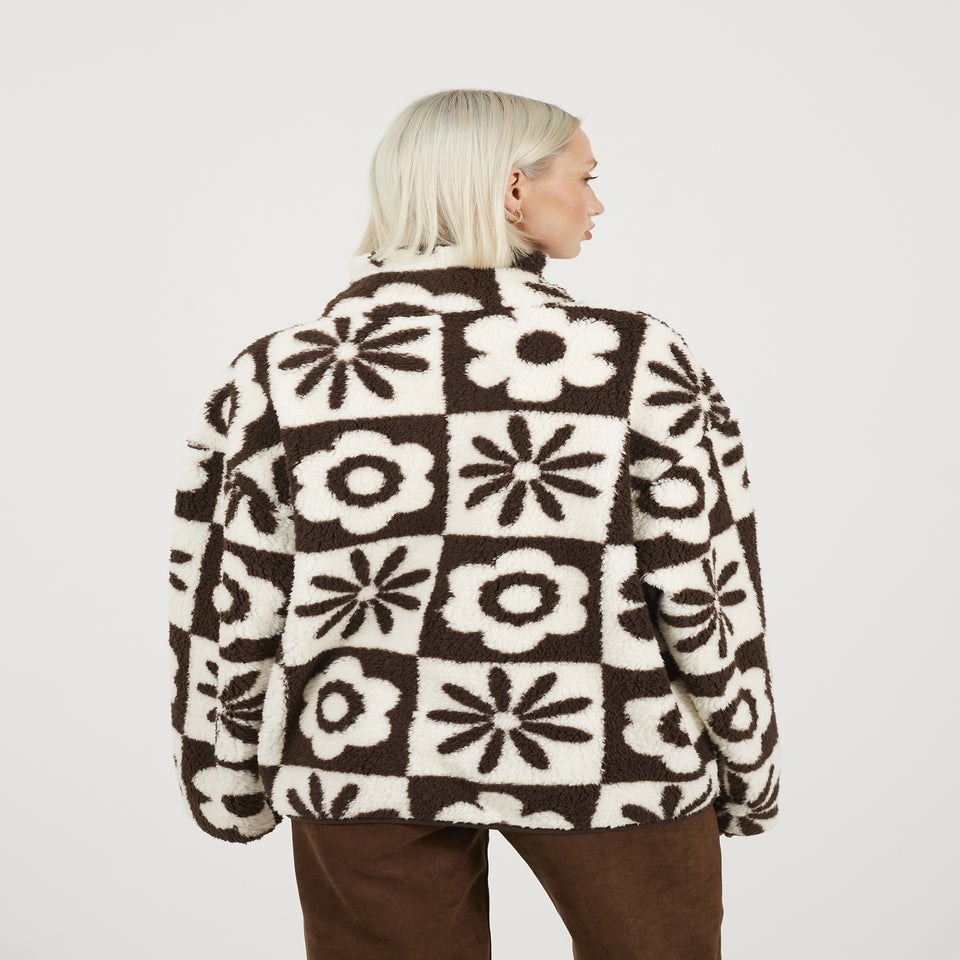 Brave Soul Chocolate Graphic Flower Print Zip Through Sherpa Fleece