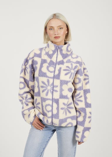Brave Soul Lilac Graphic Flower Print Zip Through Sherpa Fleece