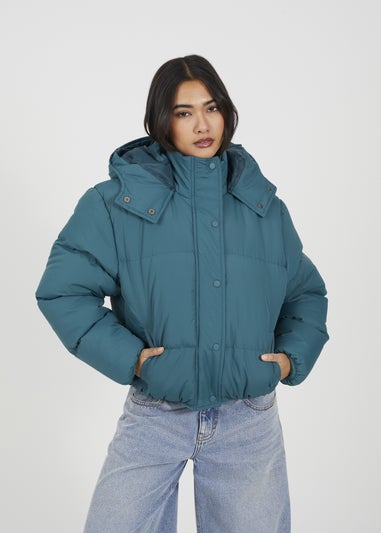 Brave Soul Teal Oversized Hooded Short Puffer Jacket
