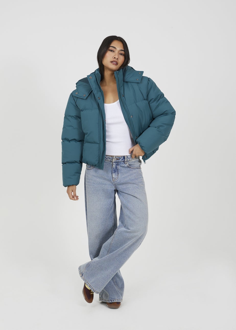Brave Soul Teal Oversized Hooded Short Puffer Jacket