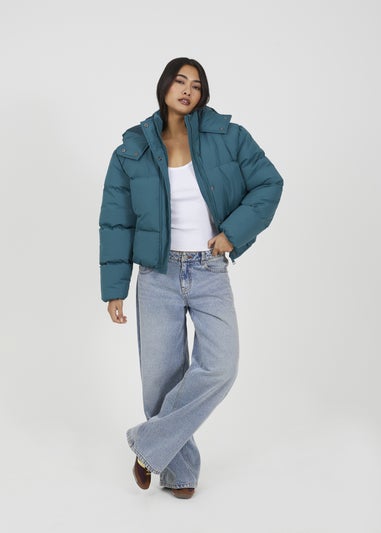 Brave Soul Teal Oversized Hooded Short Puffer Jacket