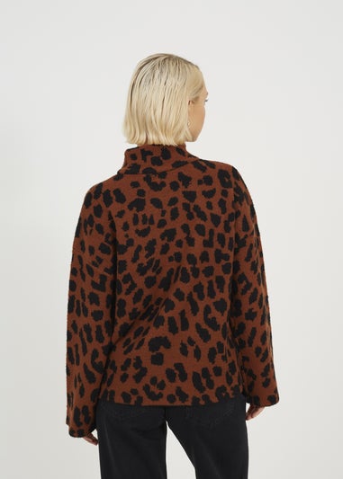 Brave Soul Brown Animal Jacquard Turtle Neck Tunic Jumper