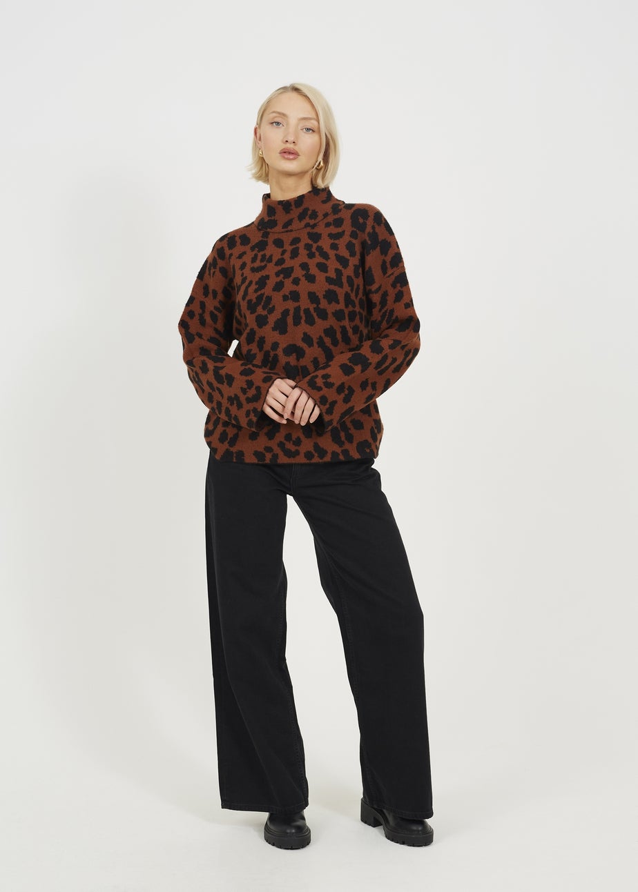 Brave Soul Brown Animal Jacquard Turtle Neck Tunic Jumper