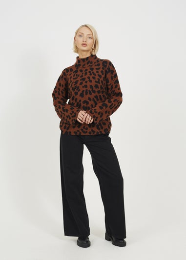 Brave Soul Brown Animal Jacquard Turtle Neck Tunic Jumper