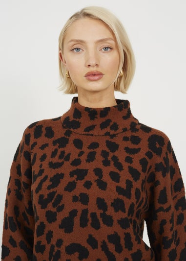 Brave Soul Brown Animal Jacquard Turtle Neck Tunic Jumper