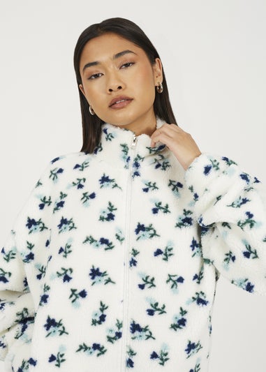 Brave Soul Cream Floral Print Zip Through Sherpa Fleece With Matching Scrunchie