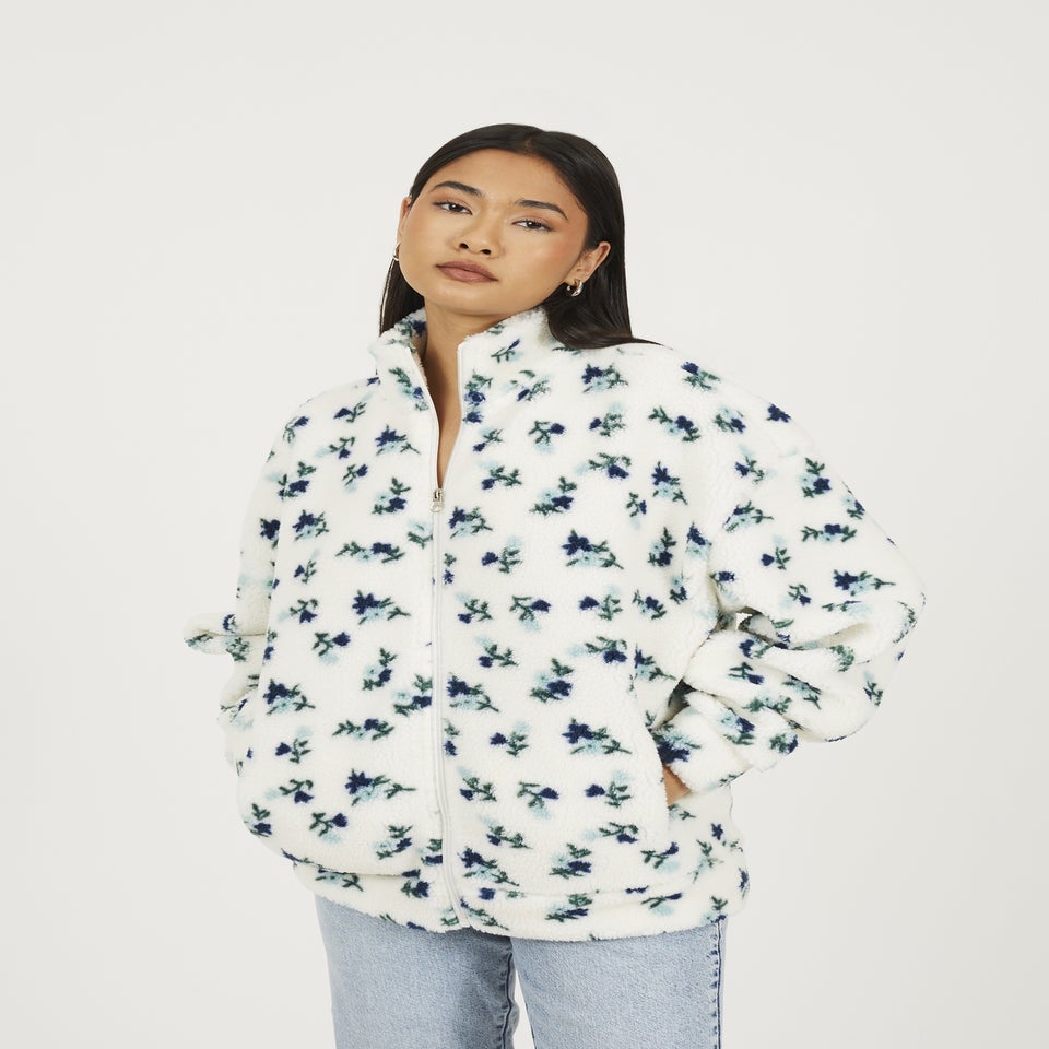 Brave Soul Cream Floral Print Zip Through Sherpa Fleece With Matching Scrunchie