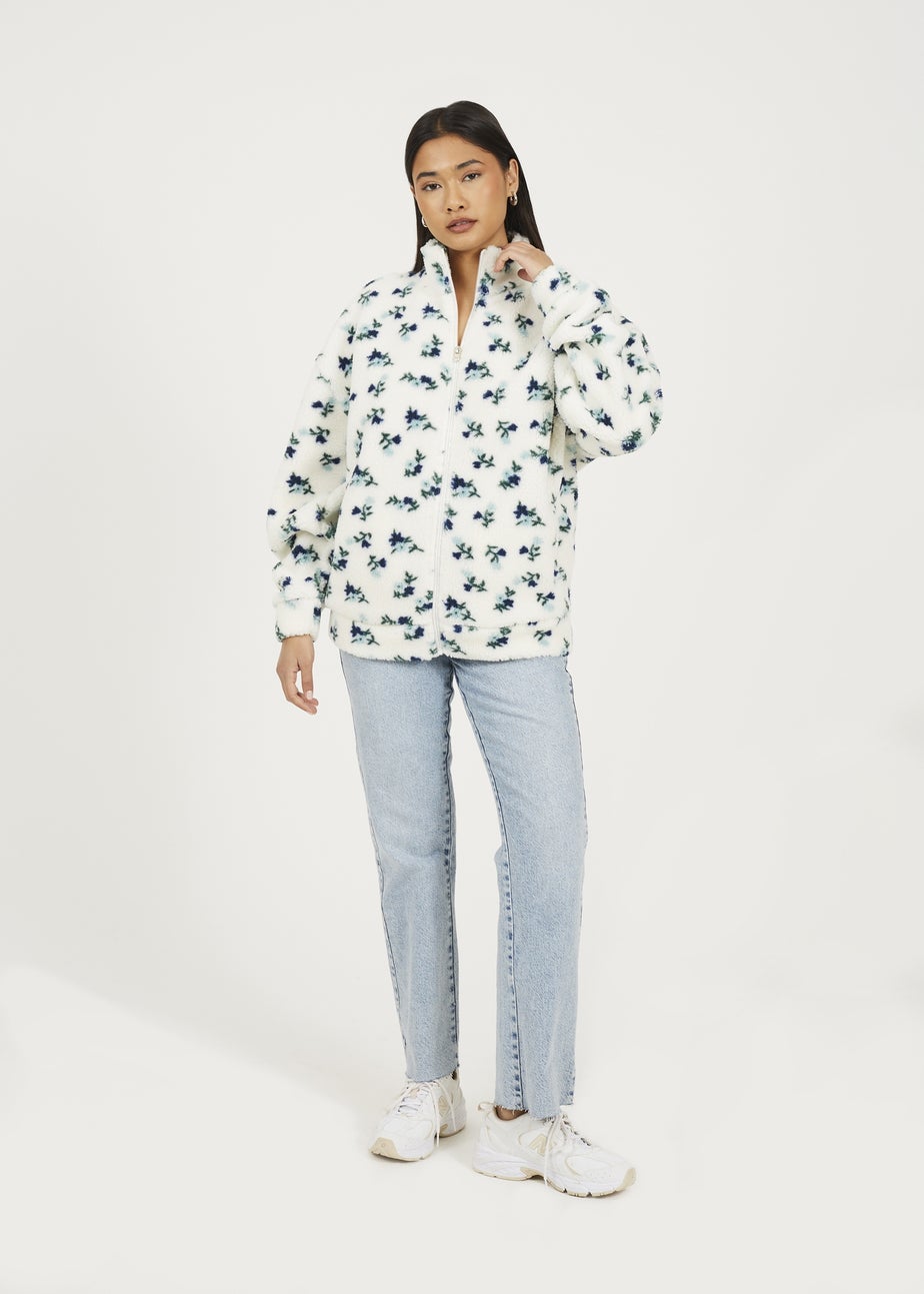 Brave Soul Cream Floral Print Zip Through Sherpa Fleece With Matching Scrunchie