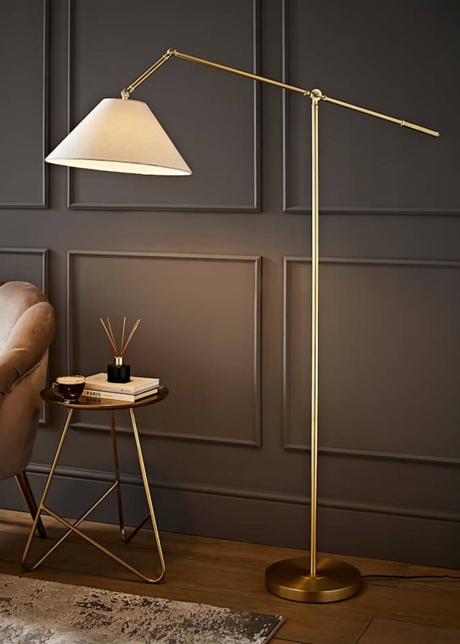 ValueLights Layla Brushed Gold Adjustable Floor Lamp with Linen Shade