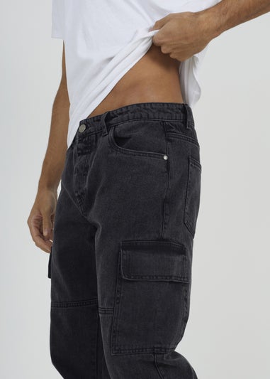 Brave Soul Charcoal Cargo Style Denim Jeans With Side Hem Split Detail