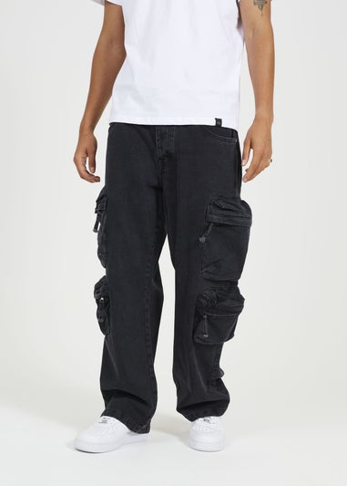 Brave Soul Black Cargo Style Wide Leg Denim Jeans