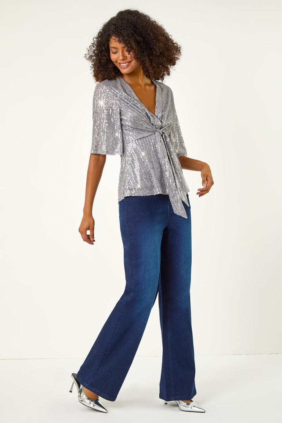 Dusk Silver Sequin Tie Front Top