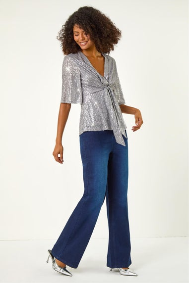 Dusk Silver Sequin Tie Front Top