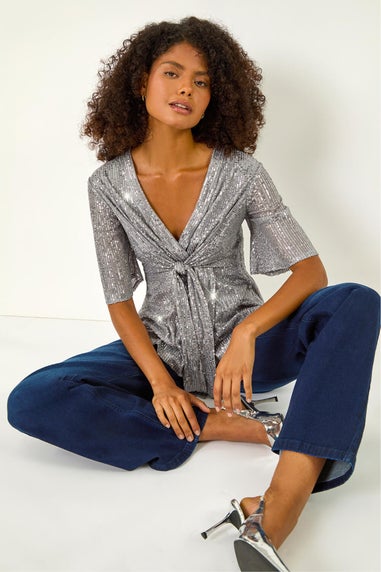 Dusk Silver Sequin Tie Front Top