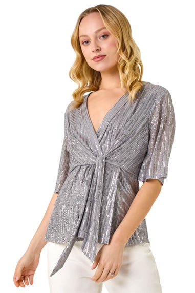Dusk Silver Sequin Tie Front Top