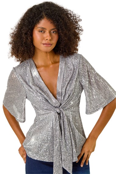 Dusk Silver Sequin Tie Front Top