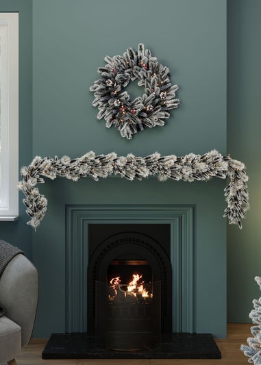 Charles Bentley Green Pre-Lit Snowy Red Berry & Pinecone Garland