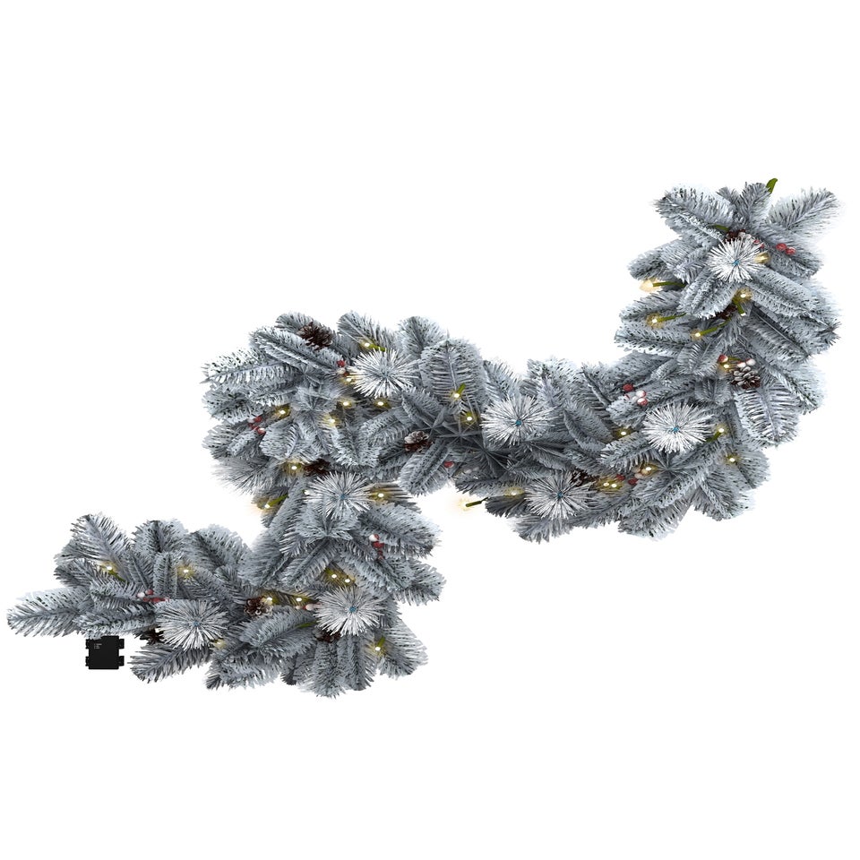 Charles Bentley Green Pre-Lit Snowy Red Berry & Pinecone Garland