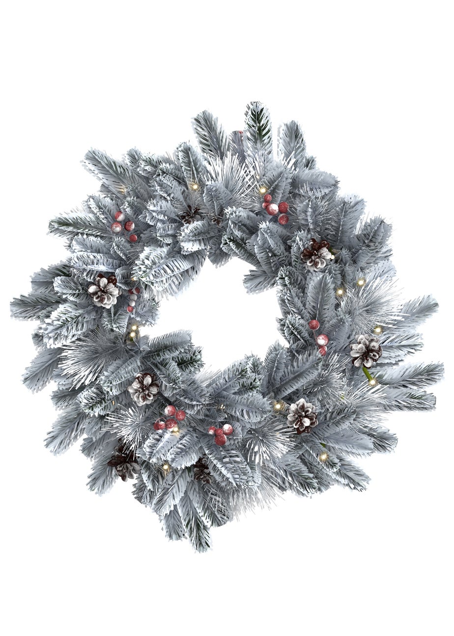 Charles Bentley Green Indoor Outdoor 60cm Pre-Lit Red Berry & Pinecone Snowy Wreath