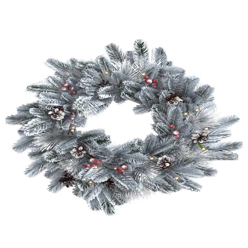 Charles Bentley Green Indoor Outdoor 60cm Pre-Lit Red Berry & Pinecone Snowy Wreath