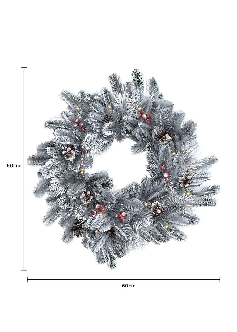 Charles Bentley Green Indoor Outdoor 60cm Pre-Lit Red Berry & Pinecone Snowy Wreath