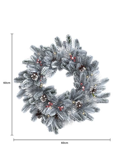 Charles Bentley Green Indoor Outdoor 60cm Pre-Lit Red Berry & Pinecone Snowy Wreath