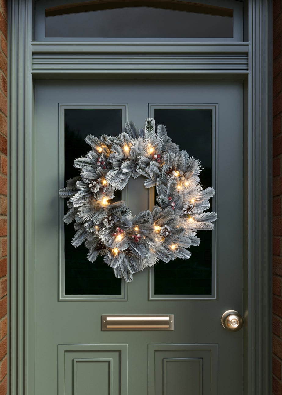 Charles Bentley Green Indoor Outdoor 60cm Pre-Lit Red Berry & Pinecone Snowy Wreath