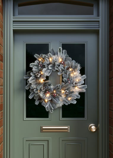Charles Bentley Green Indoor Outdoor 60cm Pre-Lit Red Berry & Pinecone Snowy Wreath