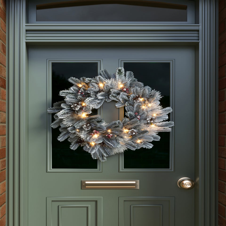 Charles Bentley Green Indoor Outdoor 60cm Pre-Lit Red Berry & Pinecone Snowy Wreath