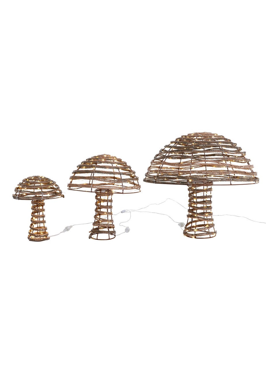 Charles Bentley Brown Set of three Indoor Outdoor Rattan Light Up Mushrooms