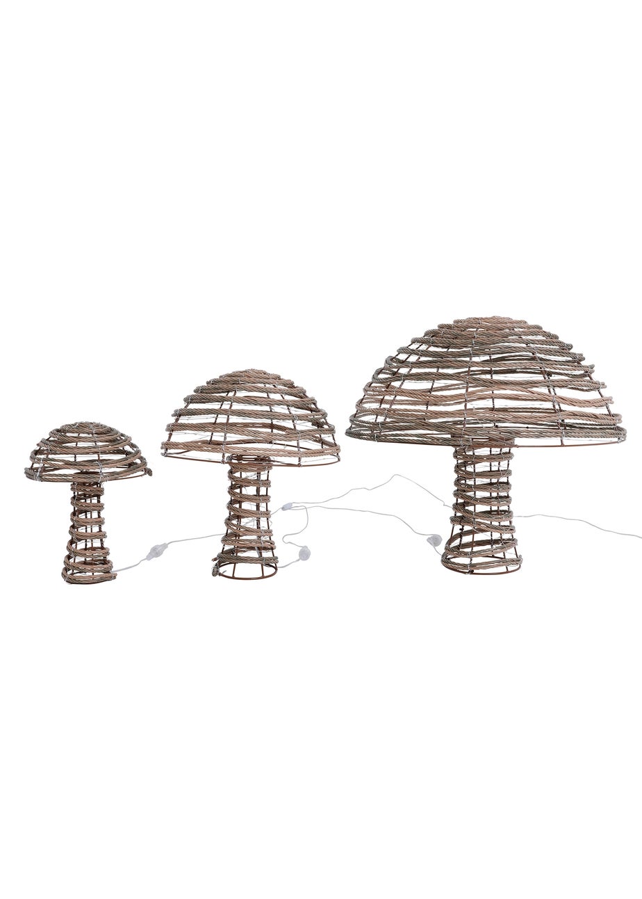 Charles Bentley Brown Set of three Indoor Outdoor Rattan Light Up Mushrooms