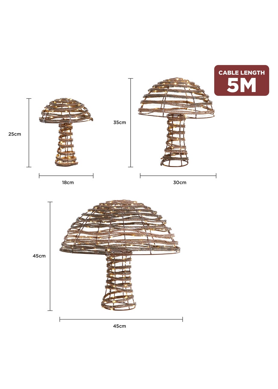 Charles Bentley Brown Set of three Indoor Outdoor Rattan Light Up Mushrooms