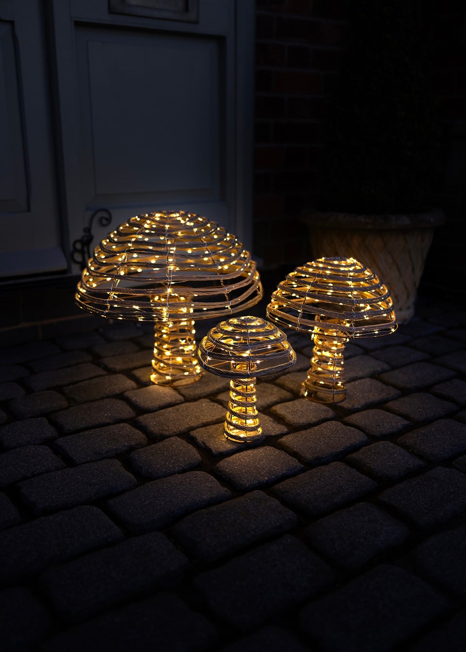 Charles Bentley Brown Set of three Indoor Outdoor Rattan Light Up Mushrooms