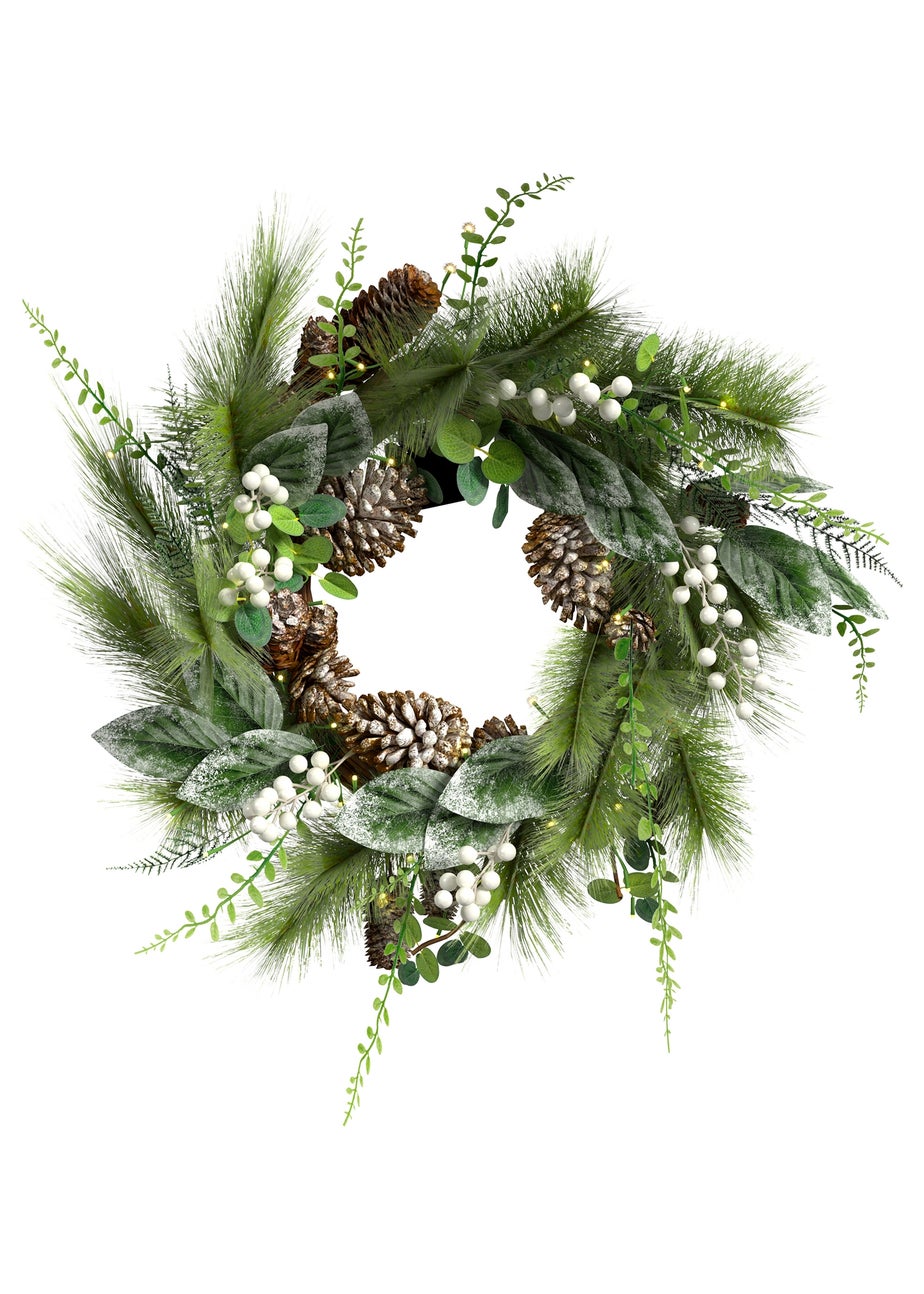 Charles Bentley Green Indoor Outdoor 55cm Pre-Lit White Berry & Pinecone Eucalyptus Wreath