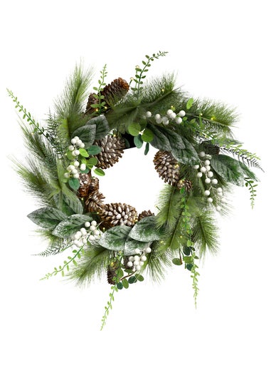 Charles Bentley Green Indoor Outdoor 55cm Pre-Lit White Berry & Pinecone Eucalyptus Wreath