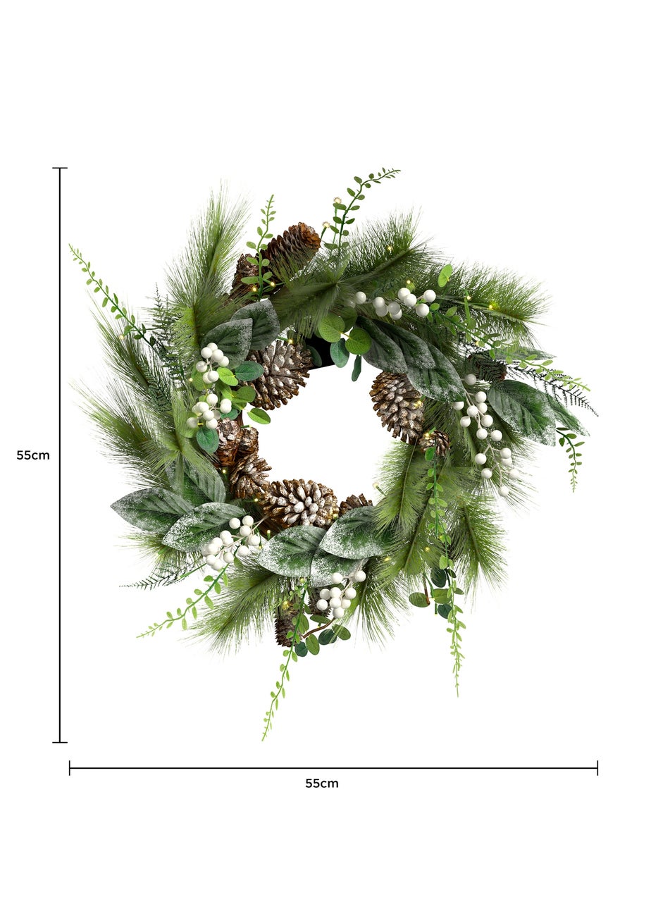Charles Bentley Green Indoor Outdoor 55cm Pre-Lit White Berry & Pinecone Eucalyptus Wreath