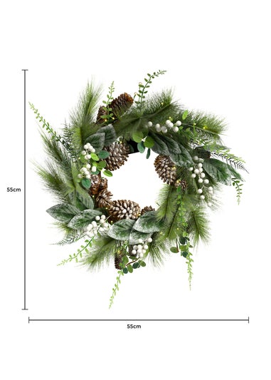 Charles Bentley Green Indoor Outdoor 55cm Pre-Lit White Berry & Pinecone Eucalyptus Wreath