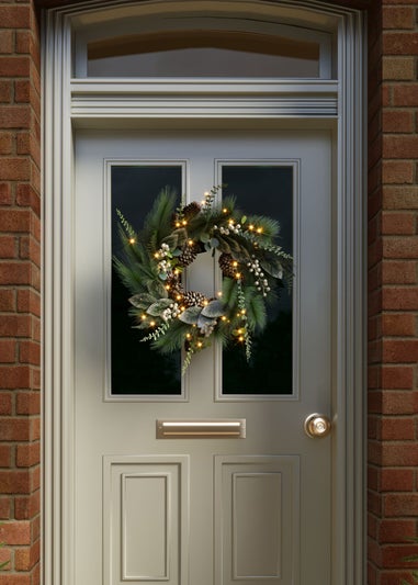 Charles Bentley Green Indoor Outdoor 55cm Pre-Lit White Berry & Pinecone Eucalyptus Wreath