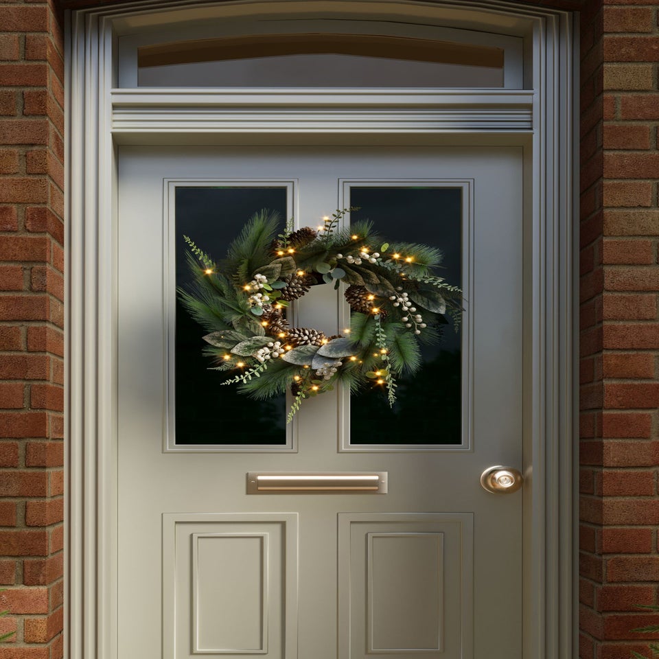 Charles Bentley Green Indoor Outdoor 55cm Pre-Lit White Berry & Pinecone Eucalyptus Wreath