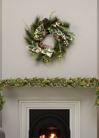 Charles Bentley Green Indoor Outdoor 55cm Pre-Lit White Berry & Pinecone Eucalyptus Wreath
