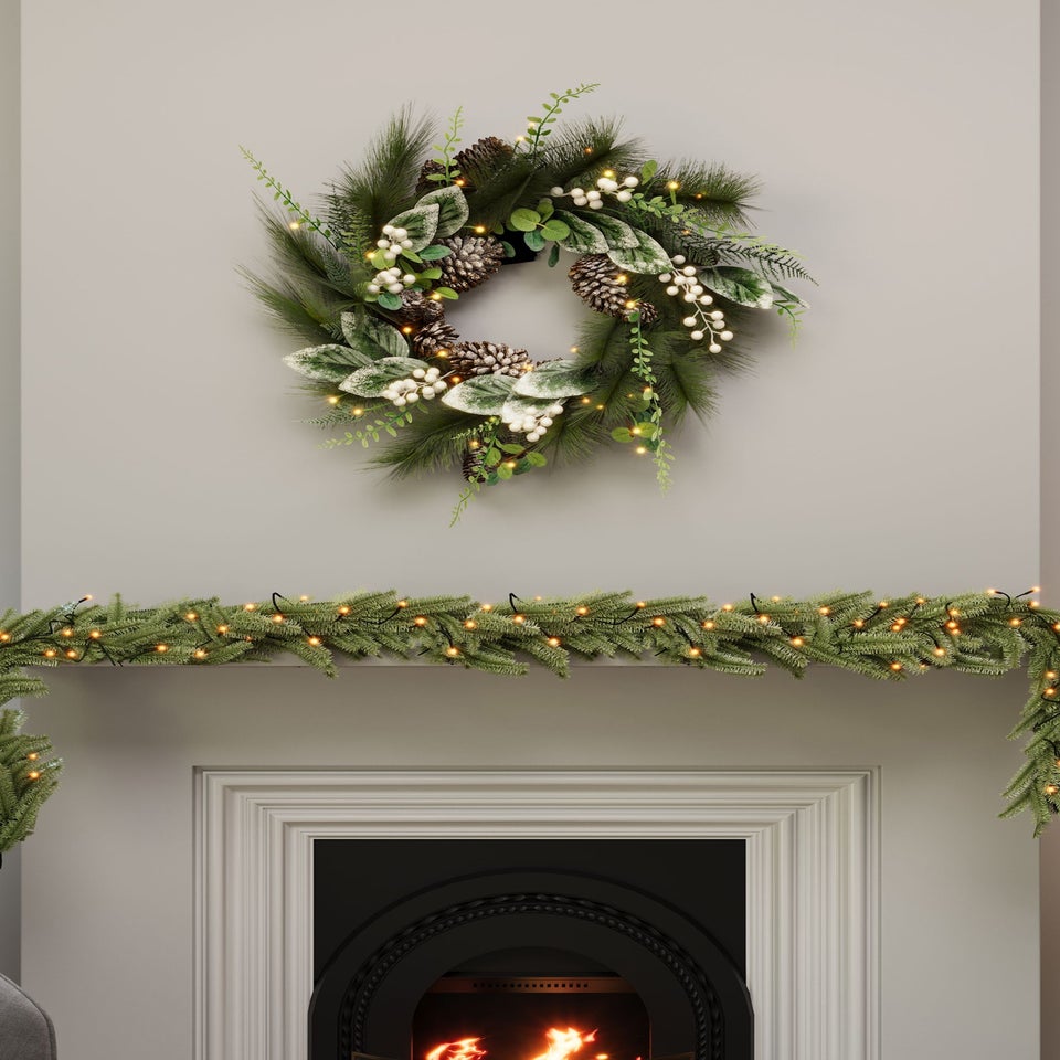 Charles Bentley Green Indoor Outdoor 55cm Pre-Lit White Berry & Pinecone Eucalyptus Wreath