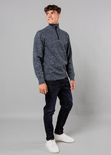 Kensington Eastside Blue Textured Knit Quarter Zip Jumper with Sherpa Lining