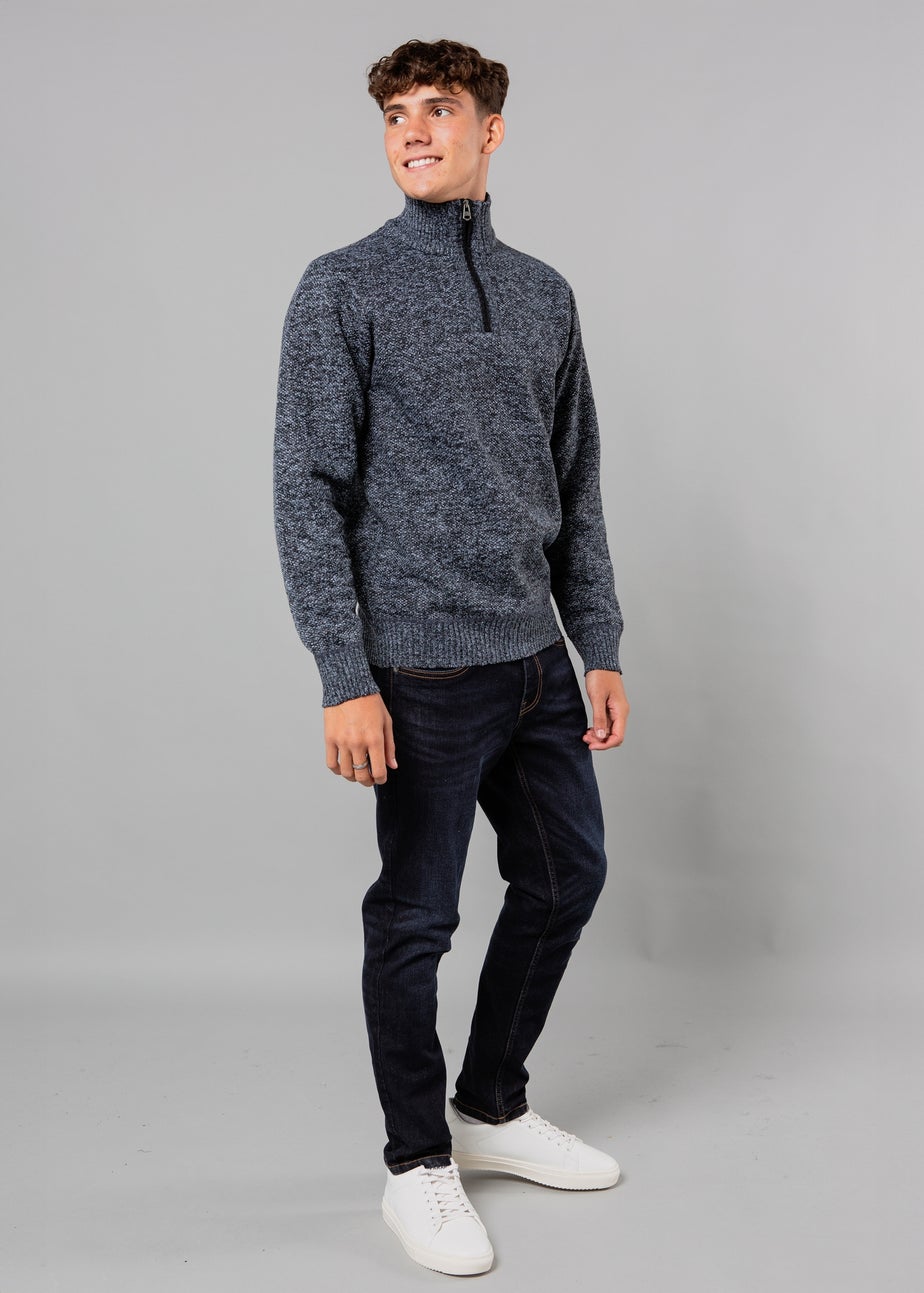 Kensington Eastside Blue Textured Knit Quarter Zip Jumper with Sherpa Lining