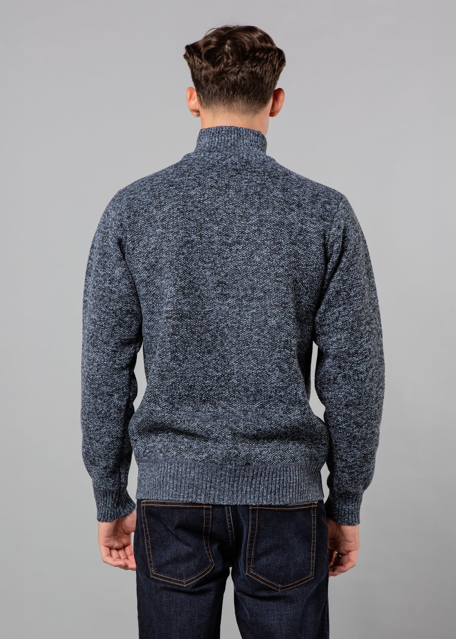 Kensington Eastside Blue Textured Knit Quarter Zip Jumper with Sherpa Lining