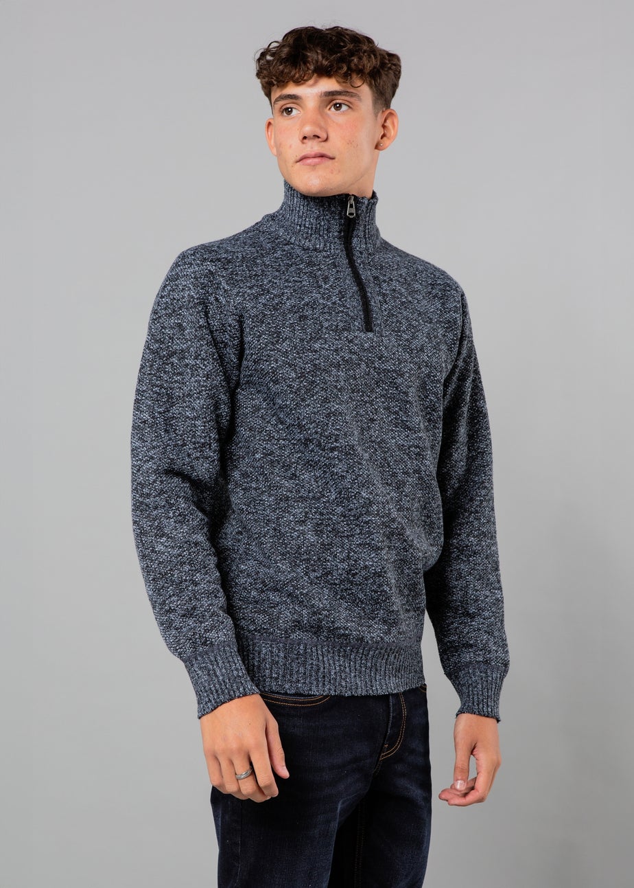 Kensington Eastside Blue Textured Knit Quarter Zip Jumper with Sherpa Lining