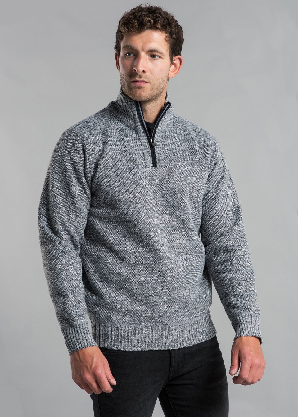 Kensington Eastside Light Grey Textured Knit Quarter Zip Jumper with Sherpa Lining
