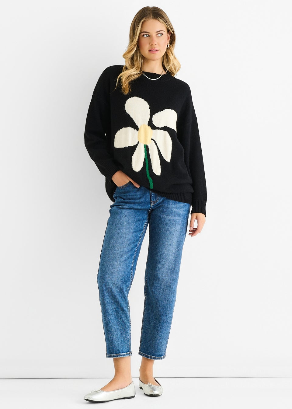 Gini London Black Paint Flower Knit Oversized Long Jumper